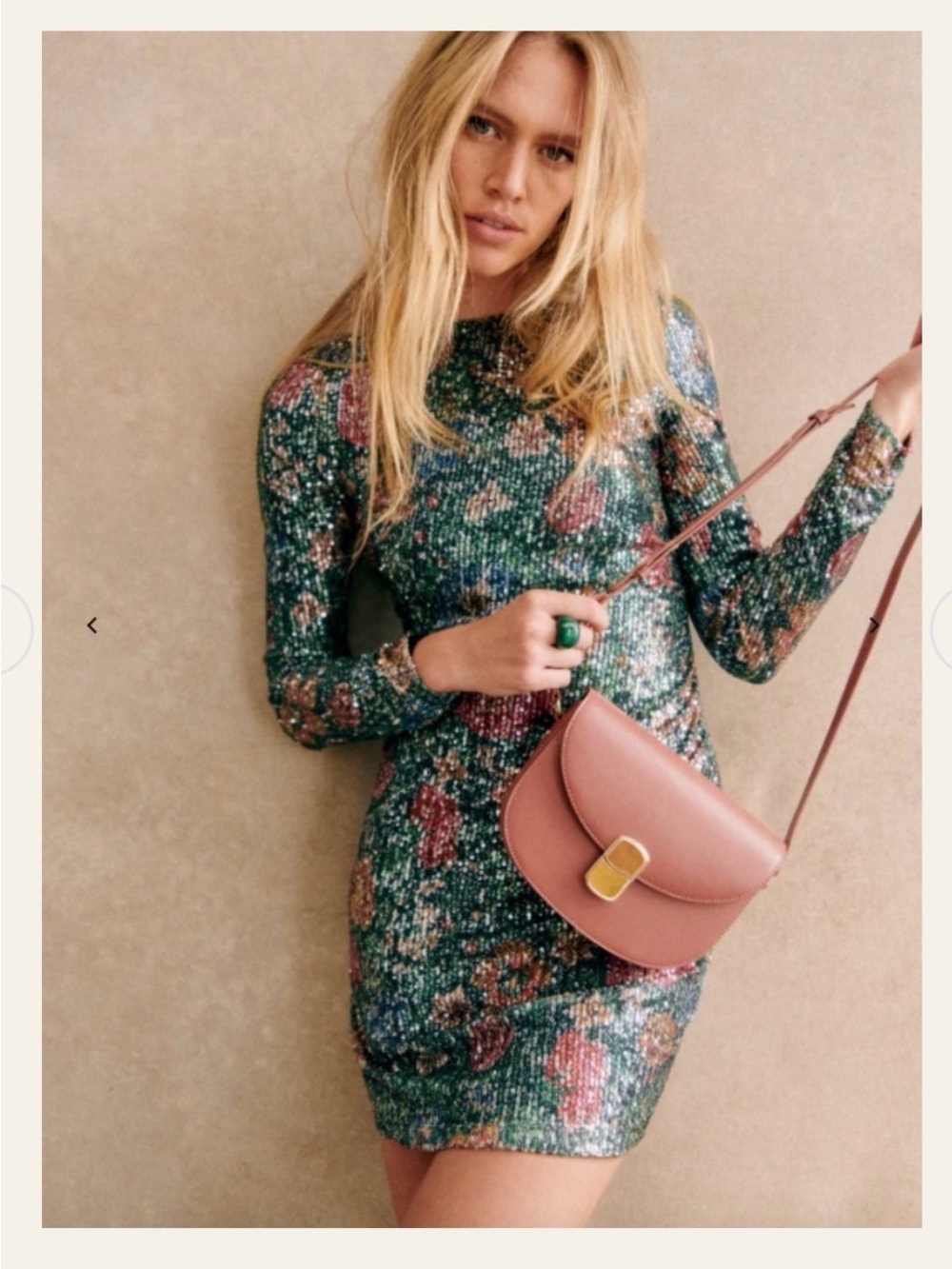 Sezane Nawel Dress Green Sequin Floral Long-Sleeve Mini Dress with Pink Accents